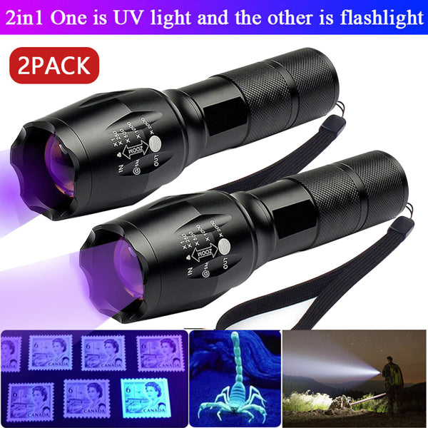 (2 Pack) 2 IN 1 LED Flashlight UV + White Zoomable LED Flashlight Detection Lamp(TK/TMEU For Self-pickup)