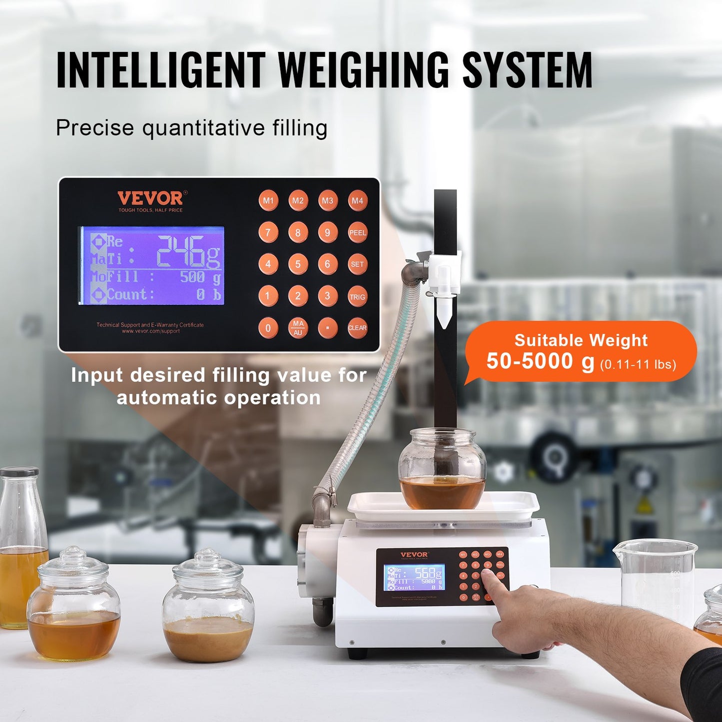 Liquid Filling Machine, 50-5000 G Weighing Capacity, Automatic Bottle Filler Machine Bottling Machine Gear Pump Digital Control For Honey, Oil, Wine, Detergent, Viscous Liquids (Single Nozzle)