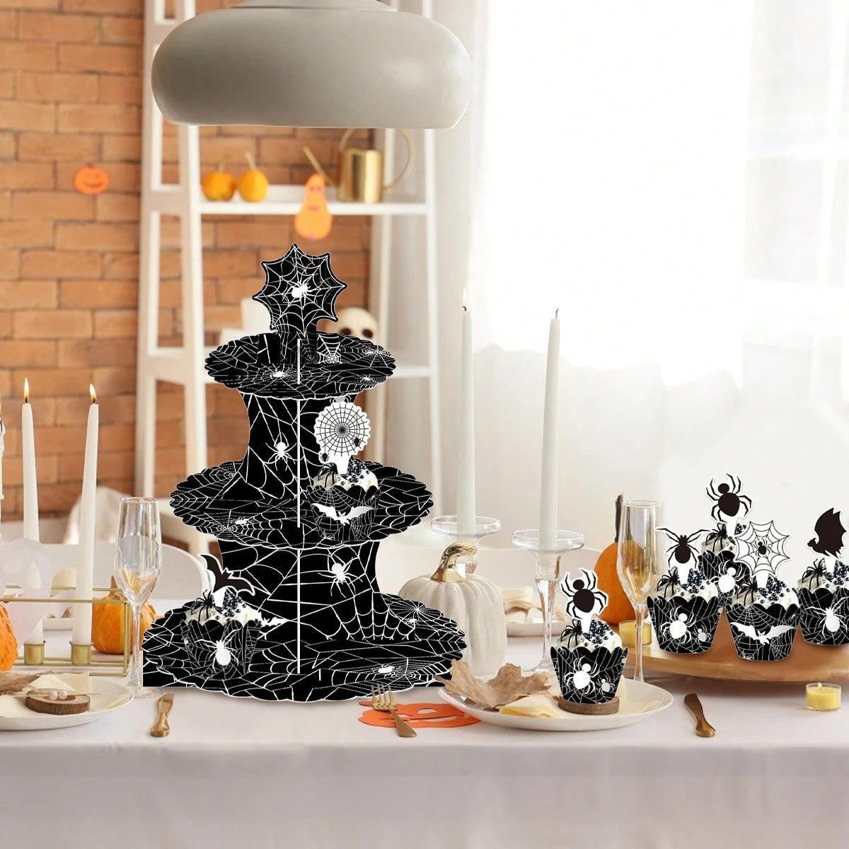 Halloween Three-Tier Cupcake Stand - Spider Web Design with Decorations