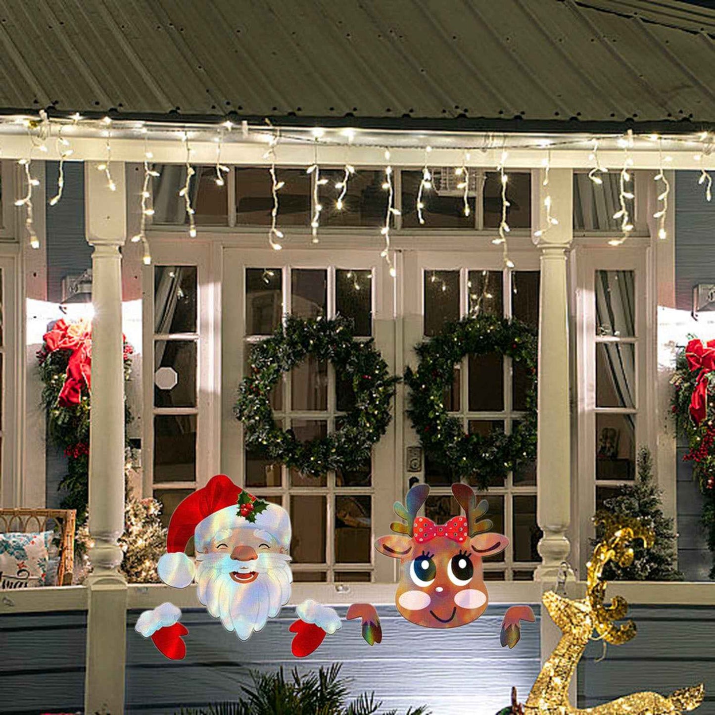 Christmas Fence Peeker Decoration - Peeking Santa & Elk with Stickers for Outdoor Display - DropOnline.co