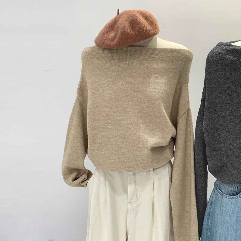 French Lazy Style Off-shoulder Loose Knit Base Sweater