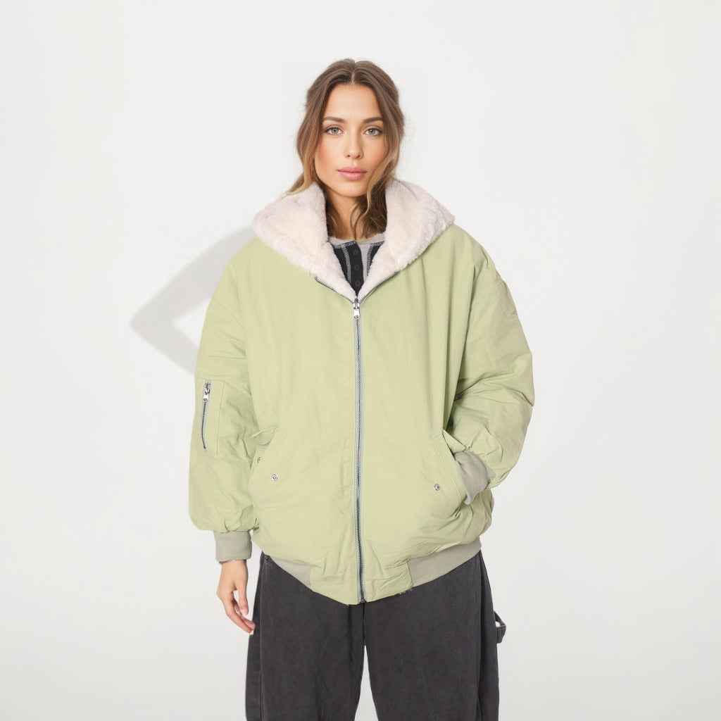 Double-sided Zipper Hooded Pocket Loose Thick Plush Coat