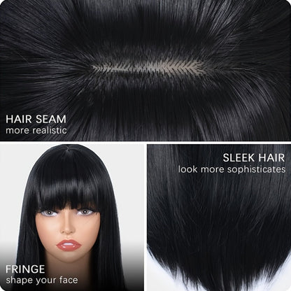Stylish Synthetic Wig With Straight Hair, Non-toxic Wig, 26-inch Heat-resistant Long Black Hair, Bangs And Rose Net Hat, Suitable For The Whole Scene. - DropOnline.co