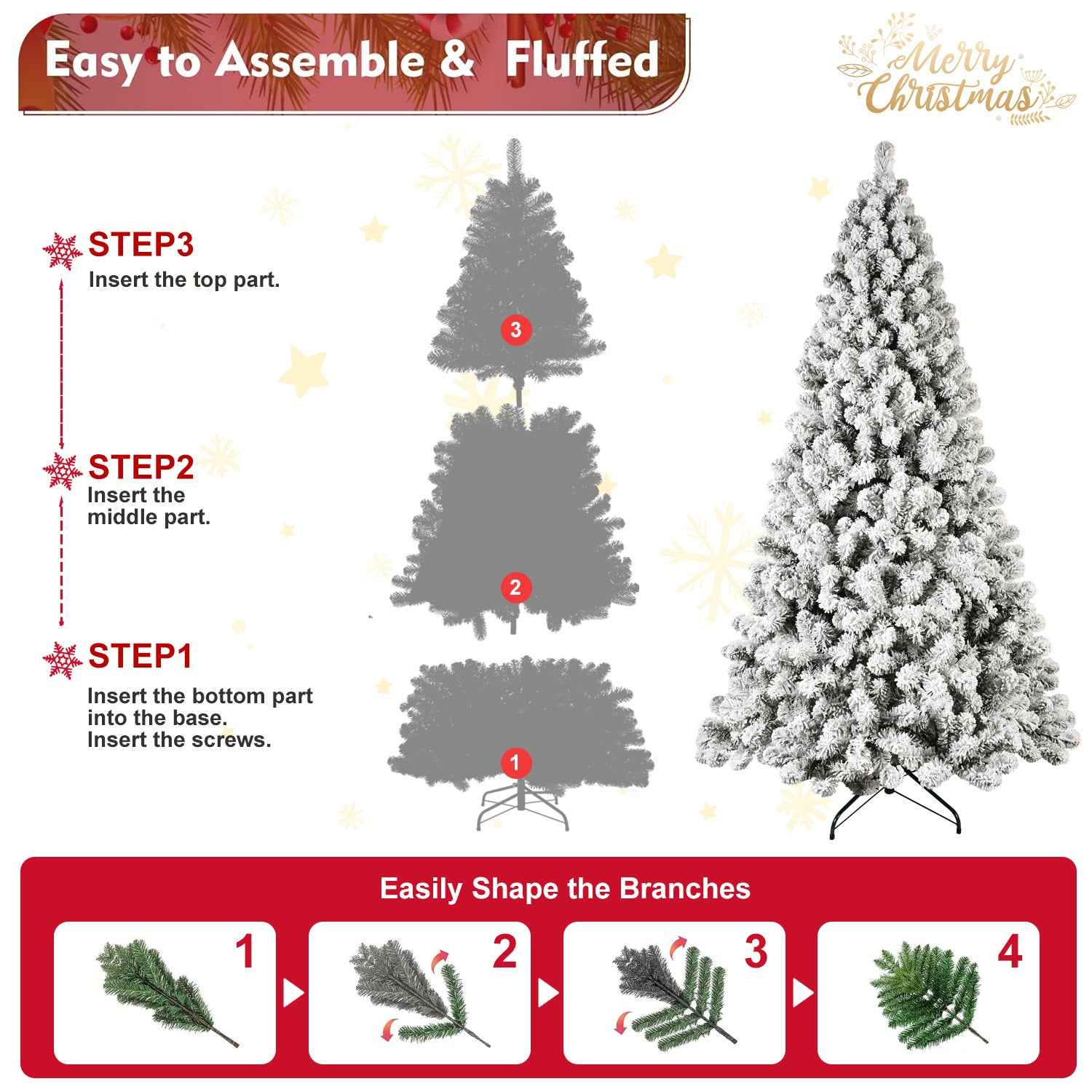 Pre-Lit Flocked Christmas Tree - 5ft-9ft Hinged Artificial Xmas Trees with Lights - DropOnline.co