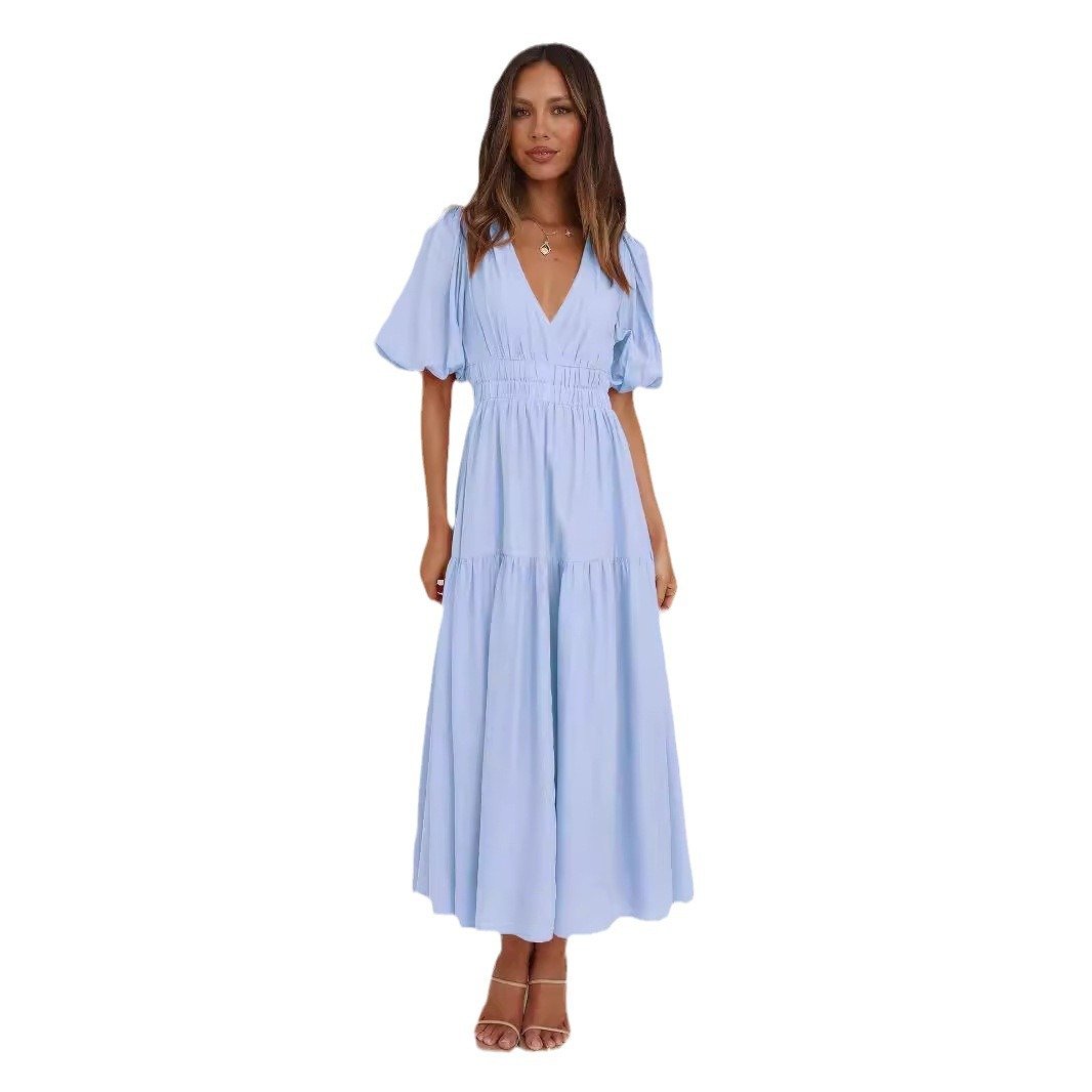 Deep V Puffed Sleeve Vacation Dress - Romantic Resort Style for Women