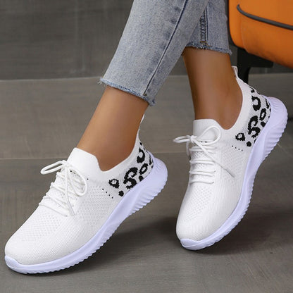White Shoes Women Leopard Print Lace-up Sneakers Sports - DropOnline.co