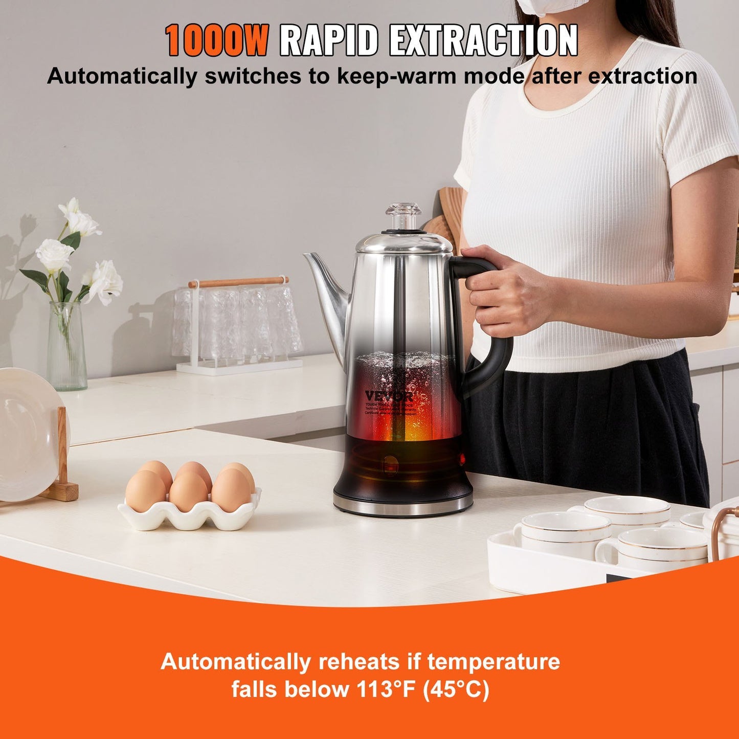 12-Cup Electric Percolator Coffee Pot - Stainless Steel with Keep Warm Function