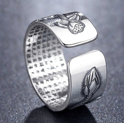 Thai Silver Black Lotus Heart Sutra  Ring - DropOnline.co