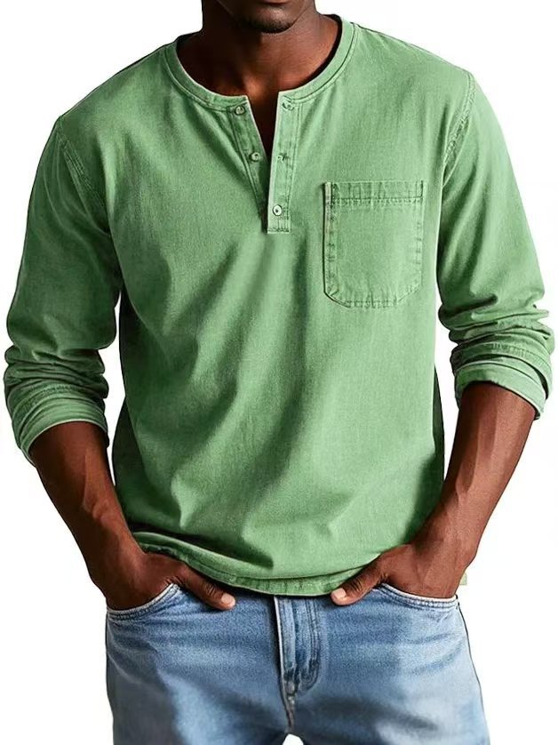 Men's V-Neck Long Sleeve T-Shirt - Button Design Casual Pullover