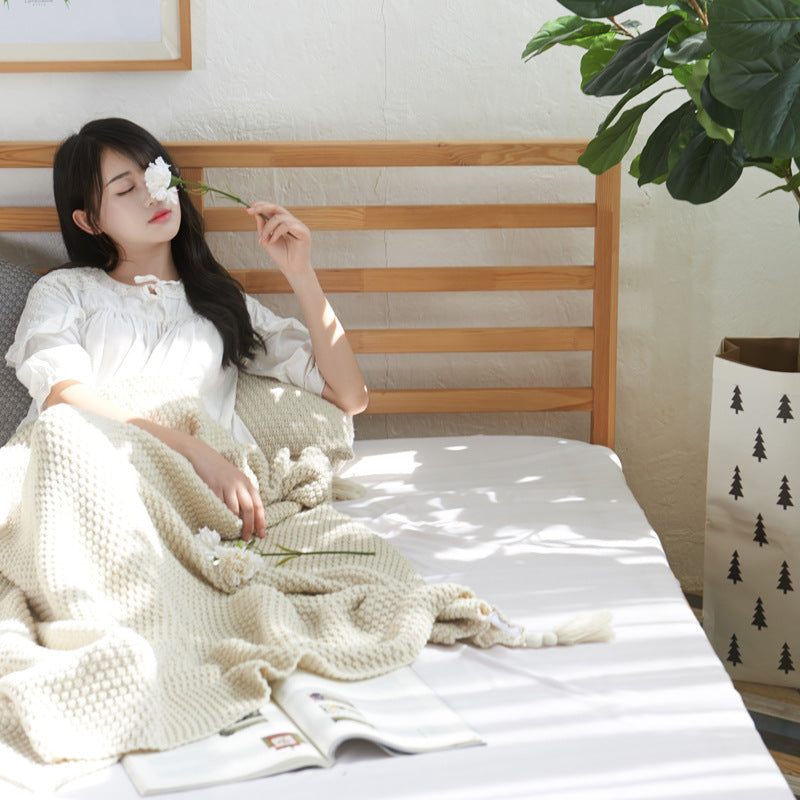 Fringed Knitted Wool Blanket - Cozy Home Throw
