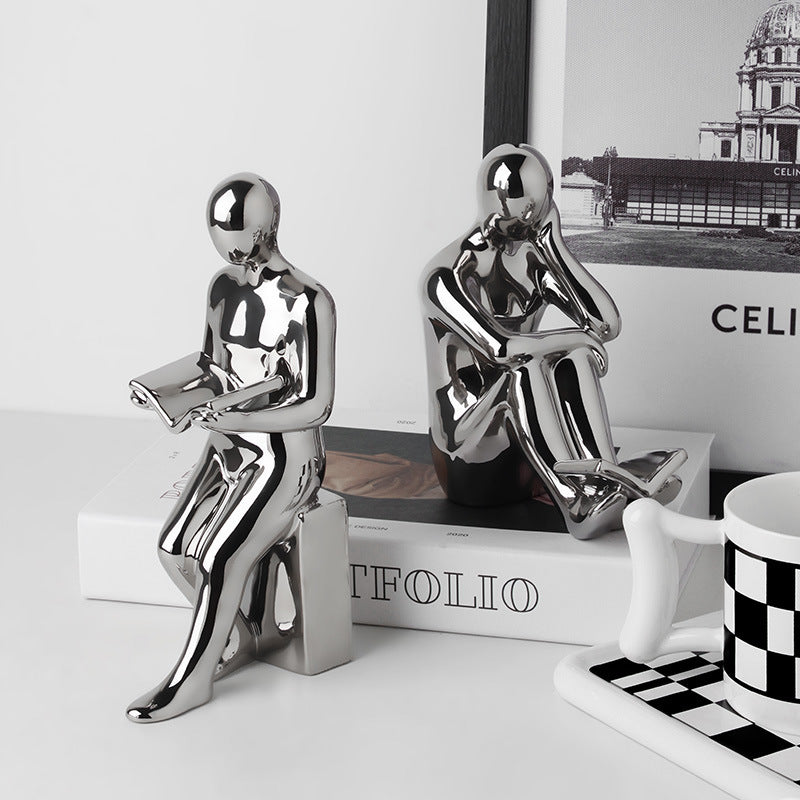 Premium White Porcelain Reading Figure Set - European Style Office Decoration