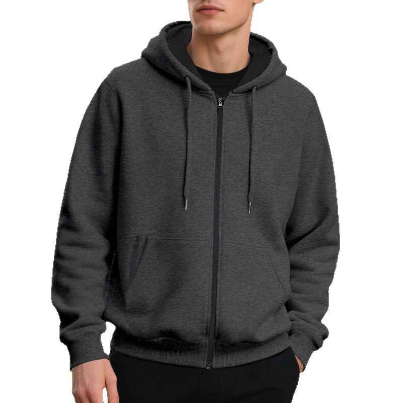 Men's Fleece-lined Loose Drawstring Hooded Zip-up Sweater