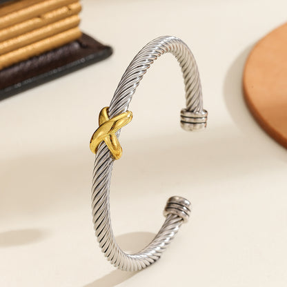 1PCS Fashionable Personalized 8-character Cross Steel Wire Bracelet,Open Bracelet, Simple Versatile Trendy Diamond Bracelet, Suitable For Men And Women To Wear, Holiday Jewelry Gift - DropOnline.co