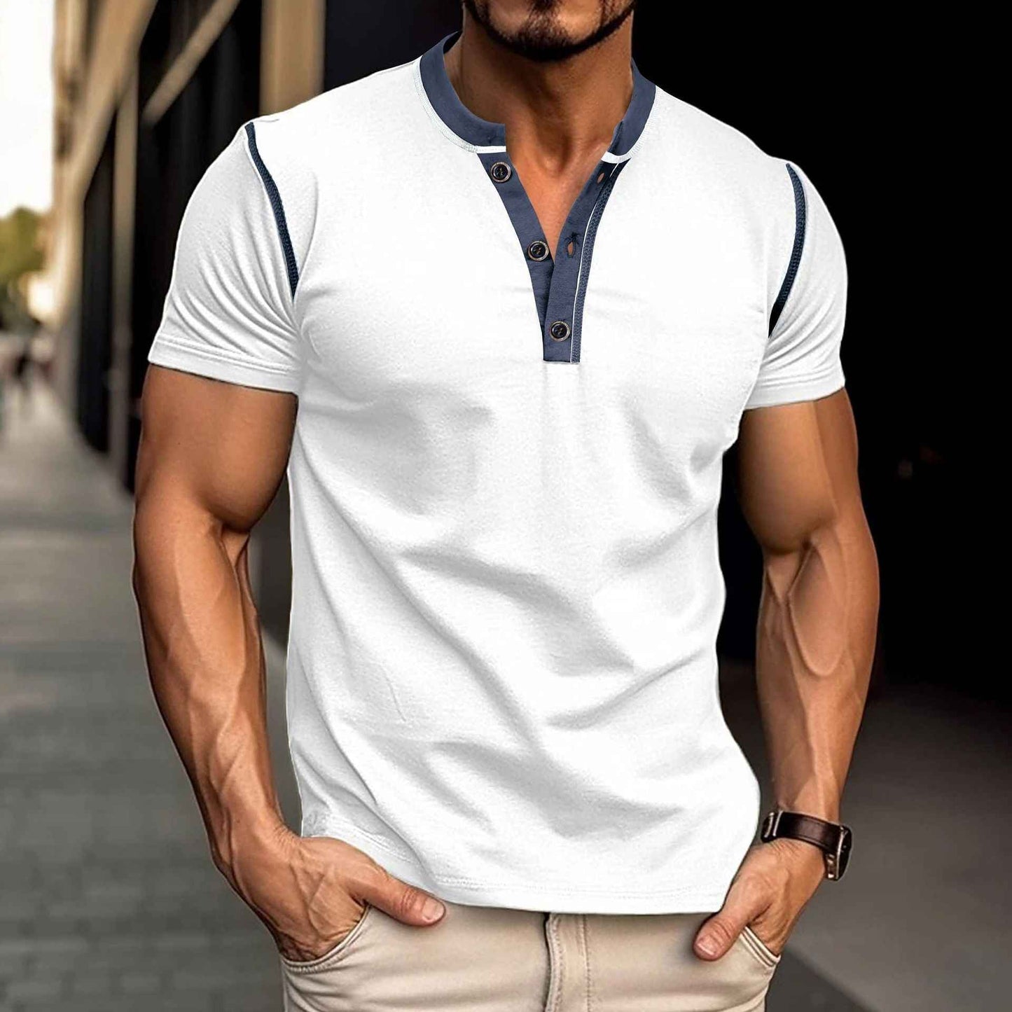 Men's Fashion Short Sleeve Polo Shirt - Summer Button V-Neck Top