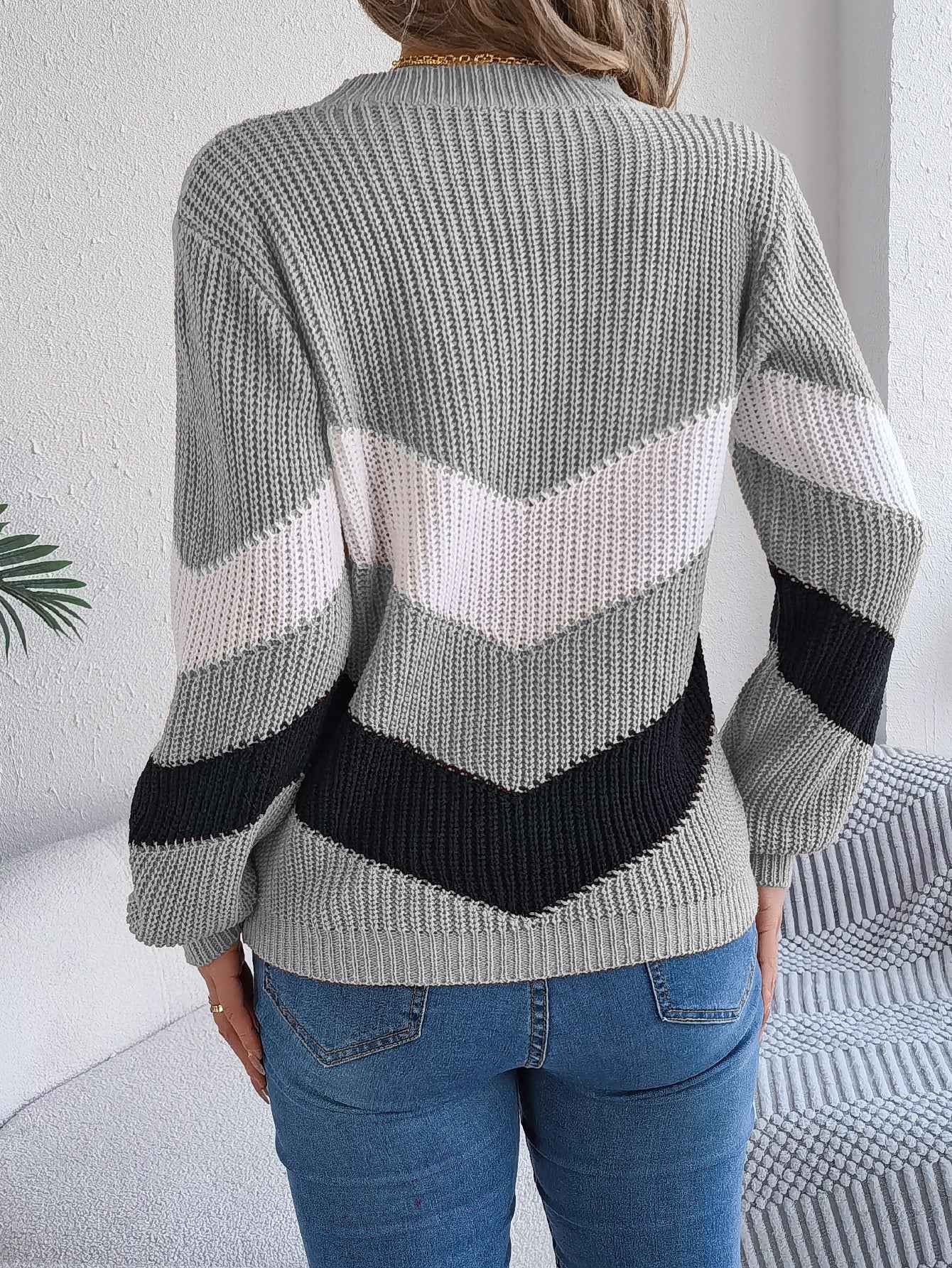 Women Casual Color Block Lantern Sleeve Pullover Sweater