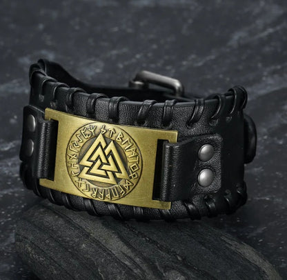 Nordic Viking Totem Triangle Energy Men's Leather Bracelet - DropOnline.co