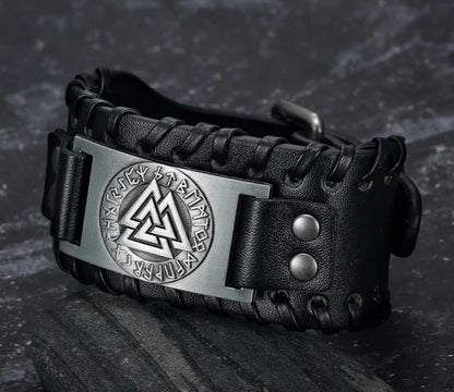 Nordic Viking Totem Triangle Energy Men's Leather Bracelet - DropOnline.co
