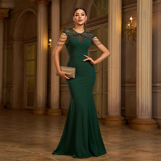 Elegant Sleeveless Round Neck Sequins Slim-fit Sheath Banquet Fishtail Evening Dress