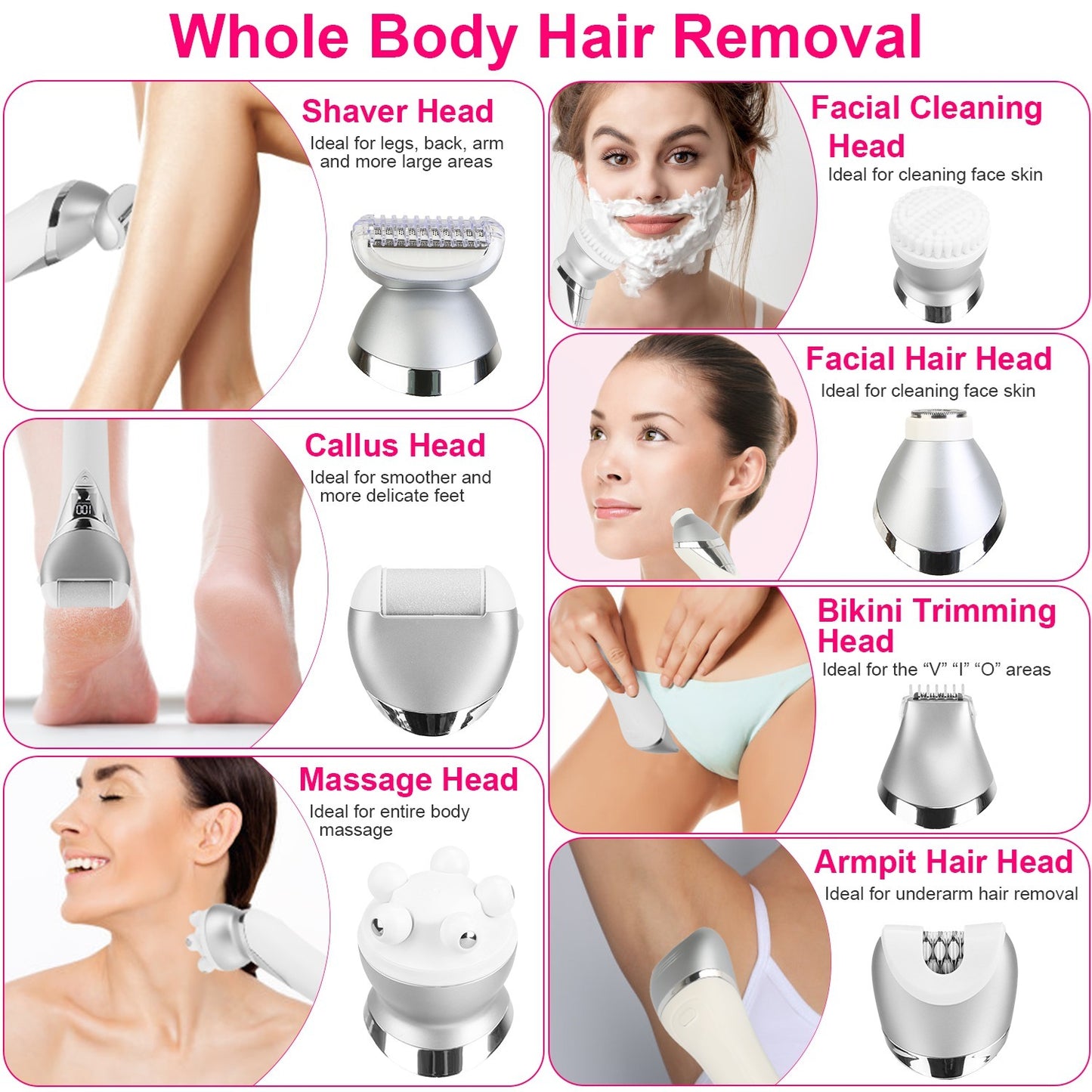 7 In 1 Electric Razor For Women Lady Hair Removal Epilators For Leg Face Arm Bikini Armpit Public Hairs IPX6 Wet And Dry Use Cordless Rechargeable Whole Body Trimmer And Shaver Kit