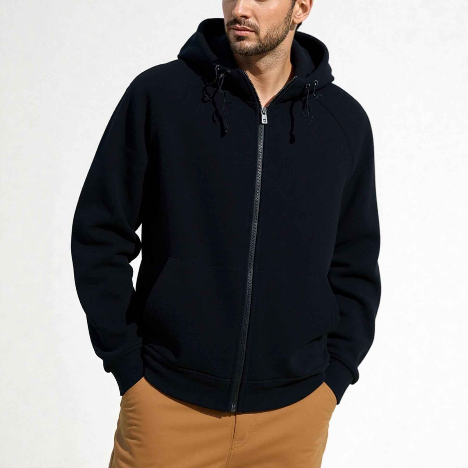 Solid Color Full Zipper Hooded Jacket Men's Sweater