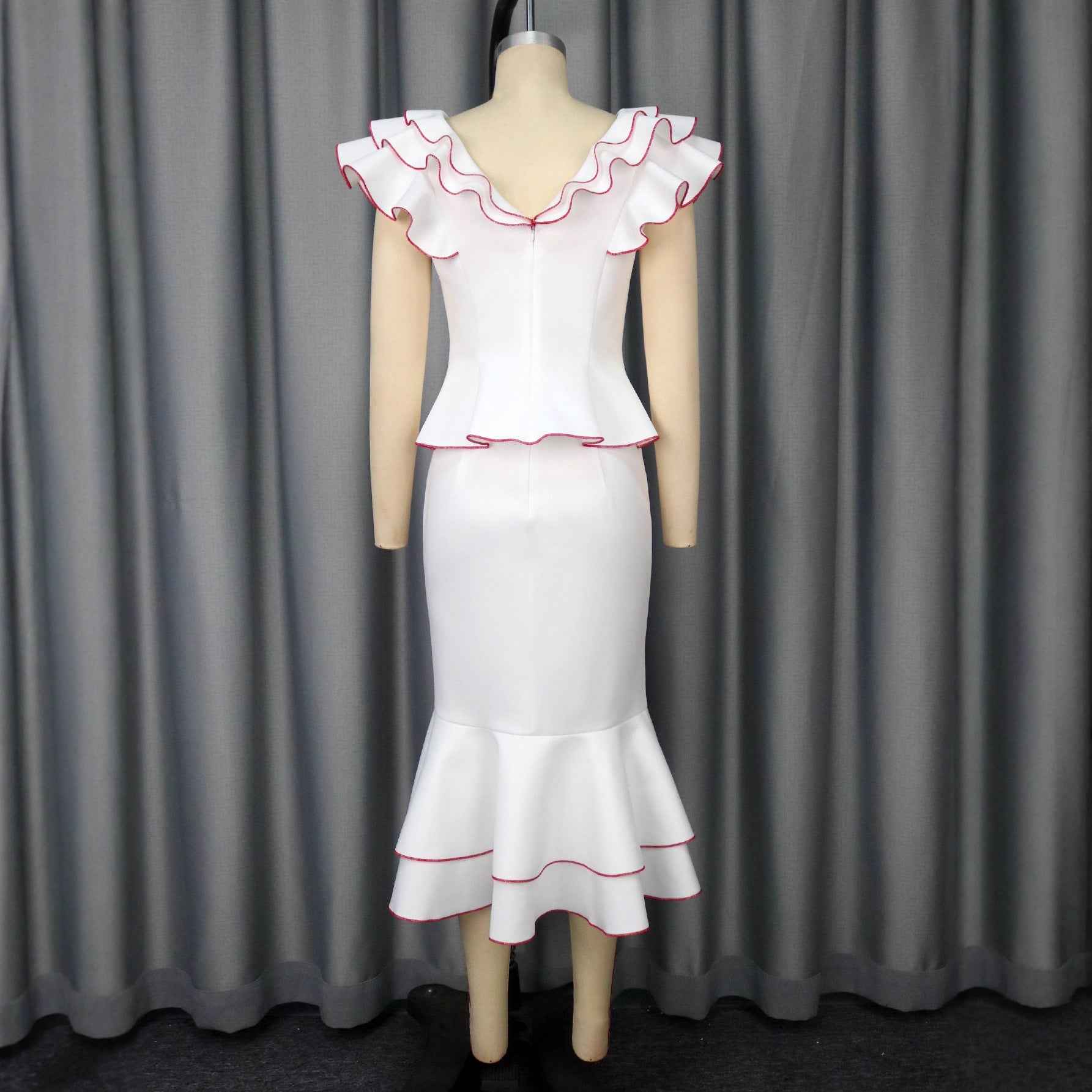 Women's Ruffled Contrast Color Top Temperament Slim Fishtail Skirt Suit