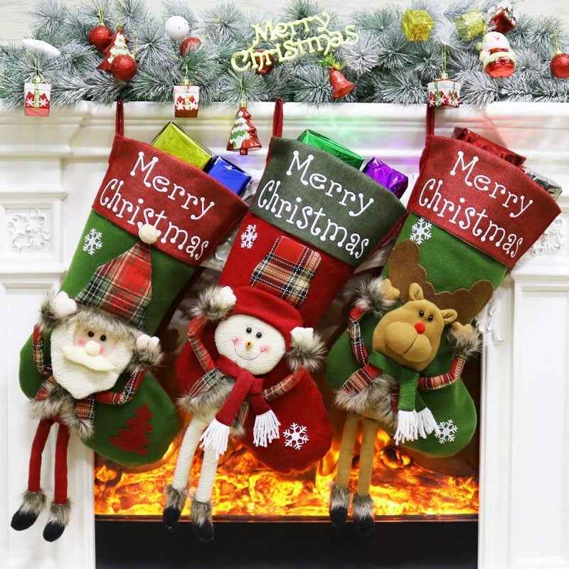 Christmas 3D Plush Big Stockings Set - Santa Snowman Elk Tree Pendant Decorations - DropOnline.co