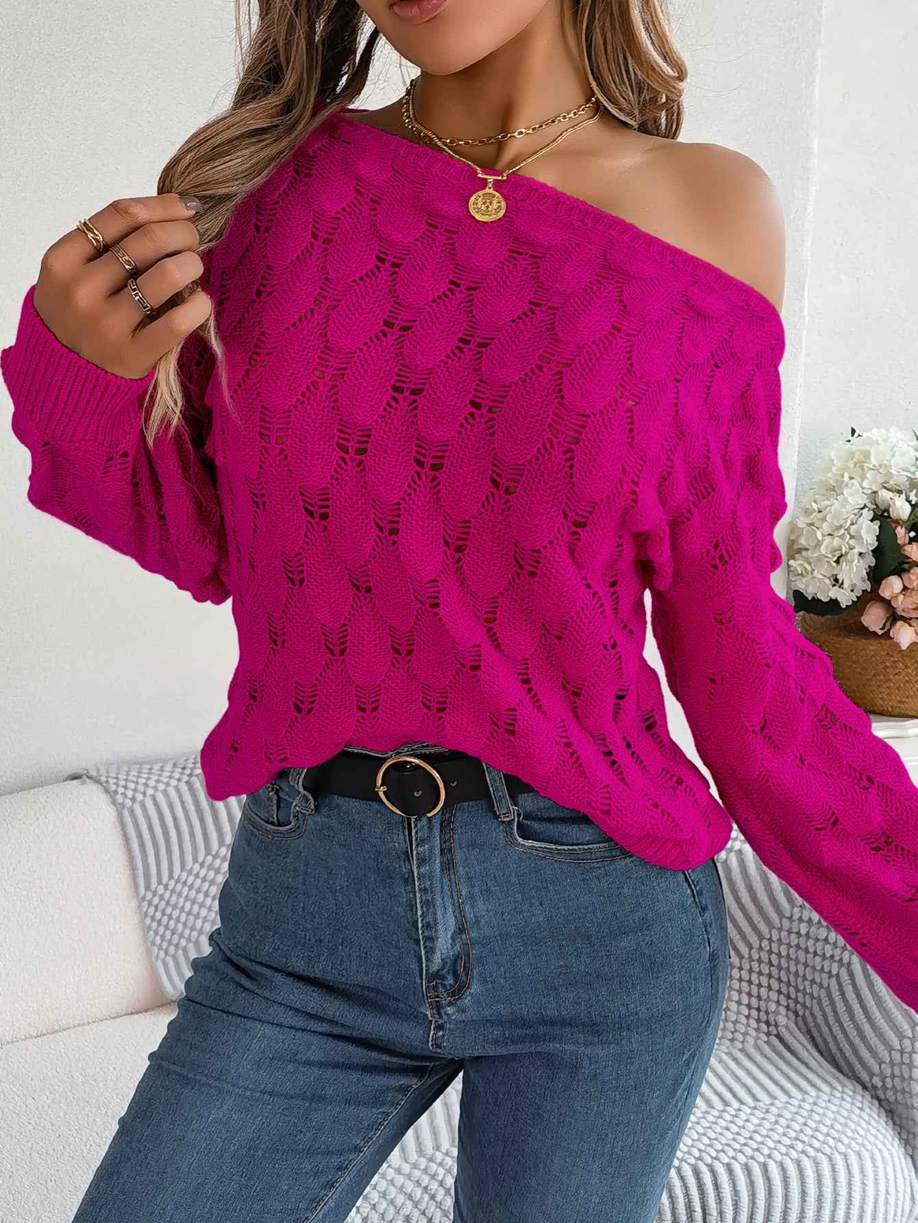 Women Casual Feather Hollow Out Off-Shoulder Lantern Sleeve Sweater