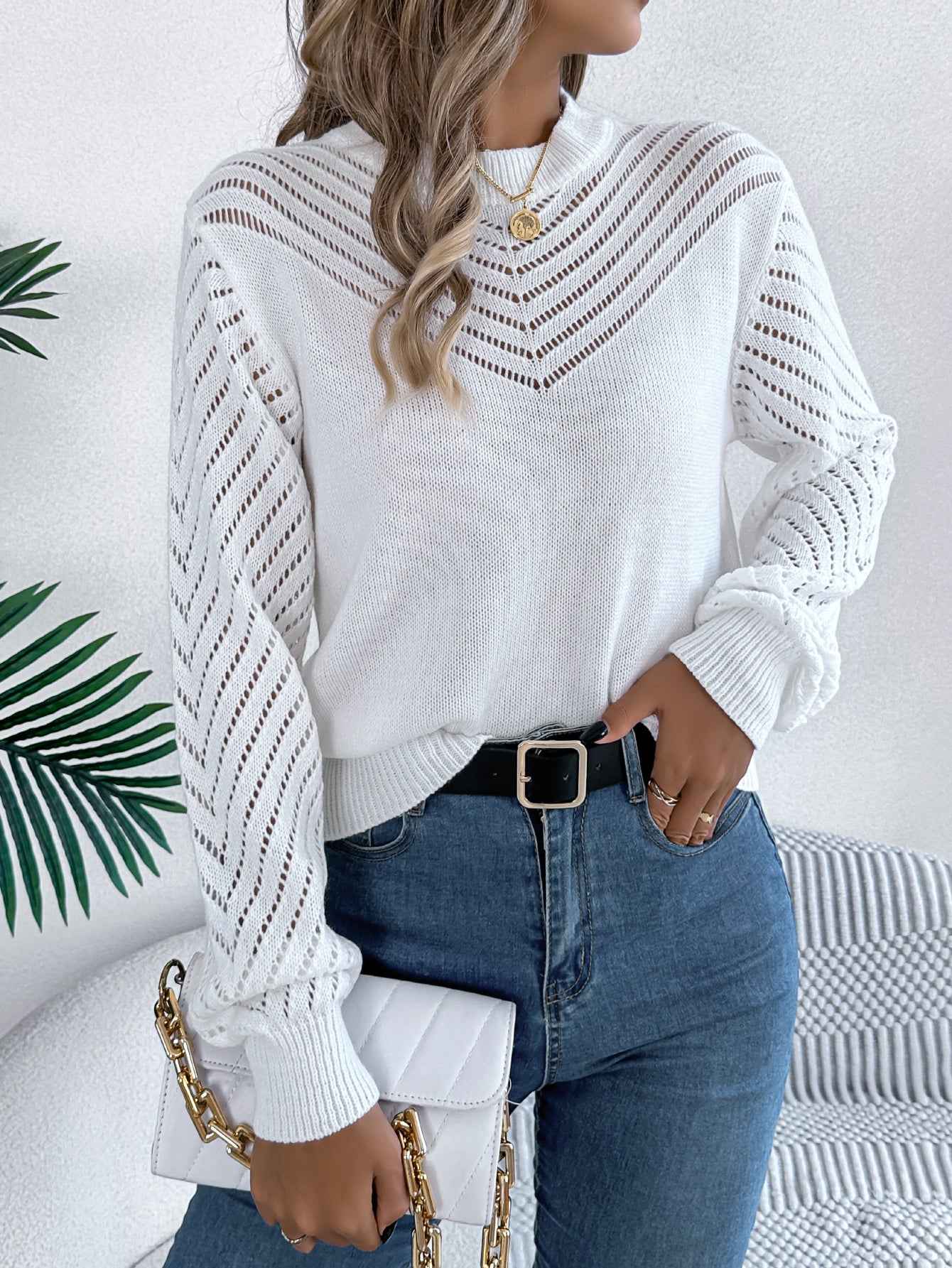 Women Casual Solid Color Crew Neck Hollow Out Lantern Sleeve Sweater
