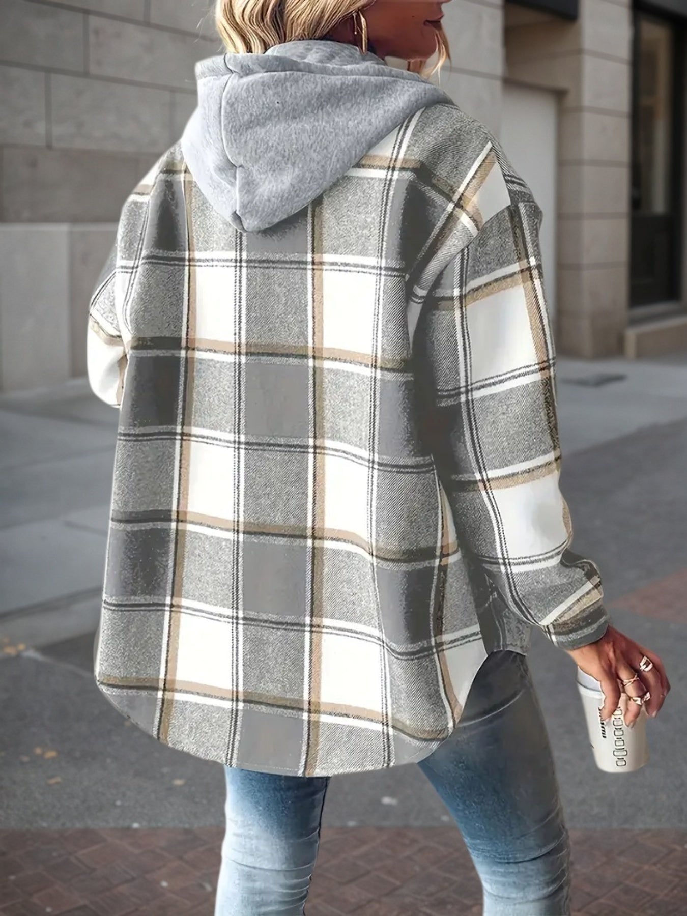 New Plaid Pattern Long Sleeved Hook And Loop Wool Lined Hooded Jacket For Warmth, Women's Plaid Hooded Drawstring Jacket, Single Breasted Closure, Comfortable And Casual - DropOnline.co