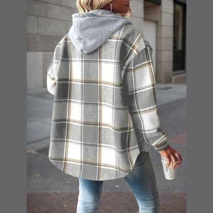 New Plaid Pattern Long Sleeved Hook And Loop Wool Lined Hooded Jacket For Warmth, Women's Plaid Hooded Drawstring Jacket, Single Breasted Closure, Comfortable And Casual - DropOnline.co