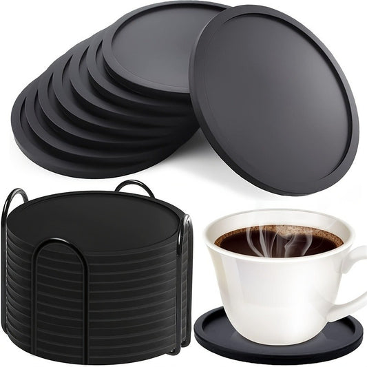 Premium Round Silicone Coasters - 10cm Black Non-Slip Set