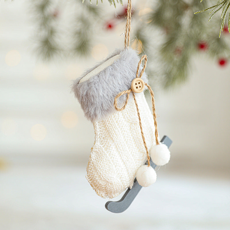 White Plush Christmas Ornaments - Wool Sled & Knitted Gloves Tree Pendant Decorations