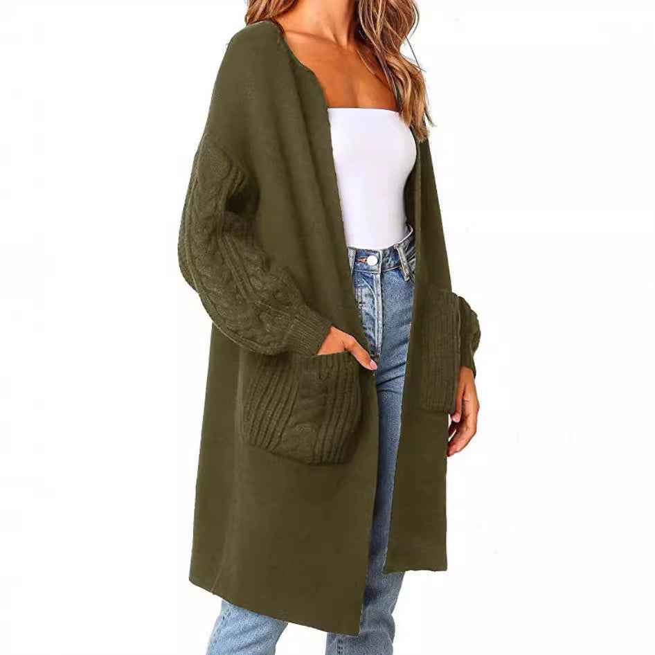 Knitted Cable Lantern Sleeve Coat Sweater