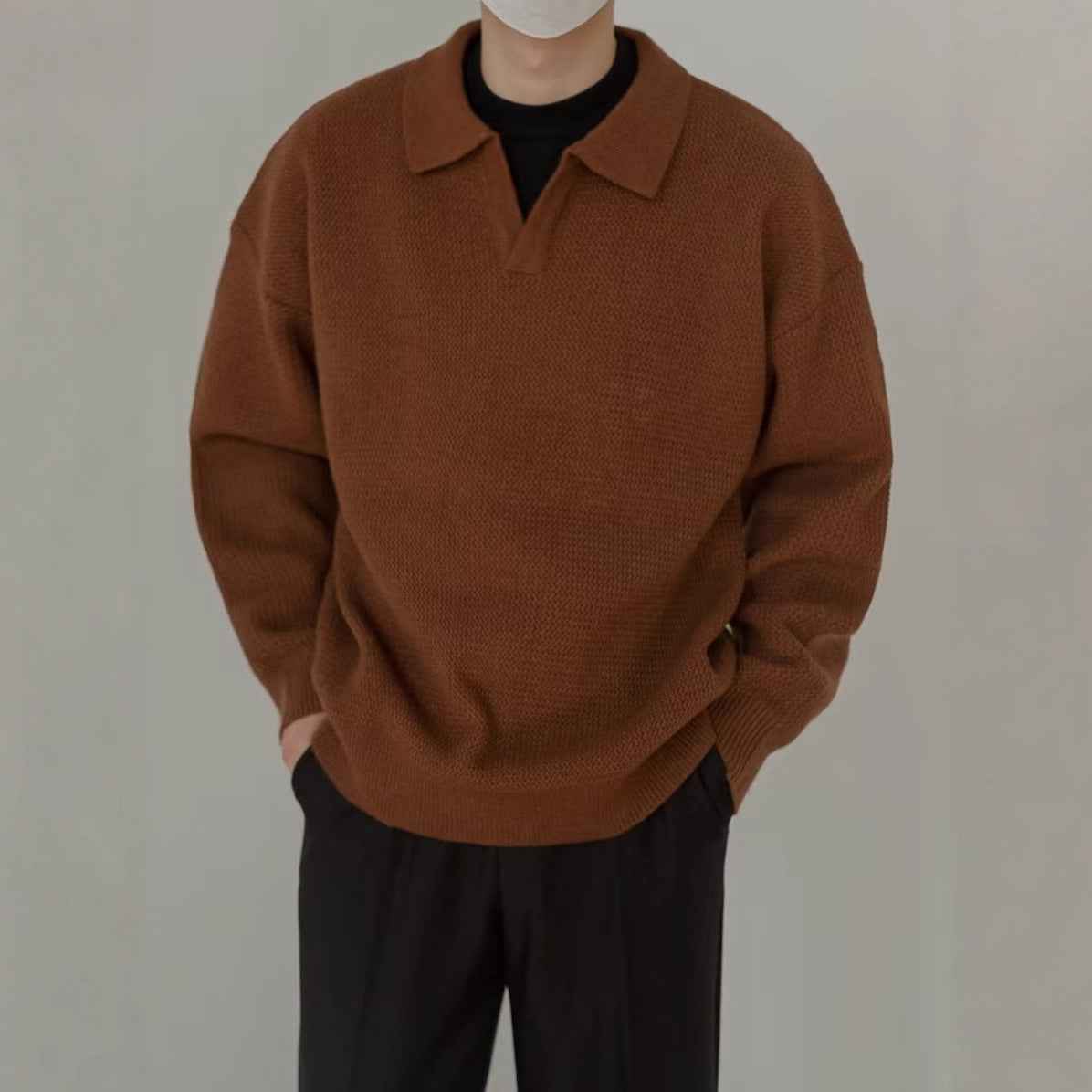 Solid Color Shirt Collar Men's Long Sleeve With Collar Outerwear Autumn Top Trendy Fake Two-piece