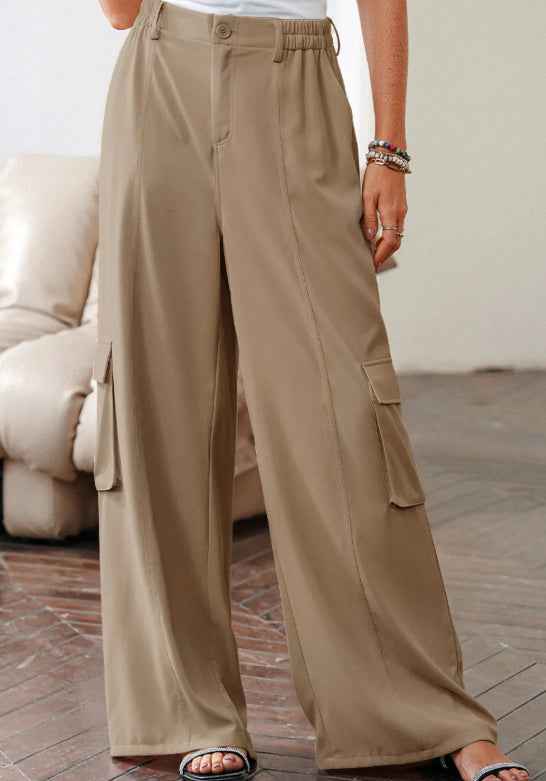 Solid Color Elastic High Waist Loose Cargo Pants