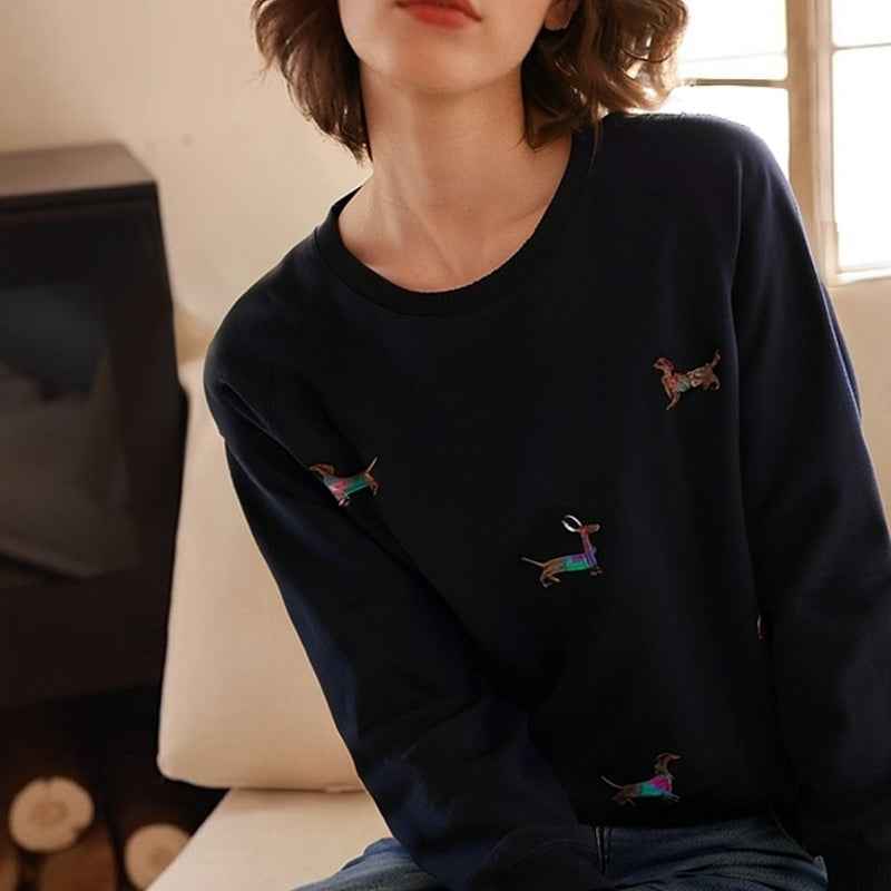 Embroidered Dachshund Dog Loose Fit Oversized Round Neck Pullover Fleece Sweatshirt