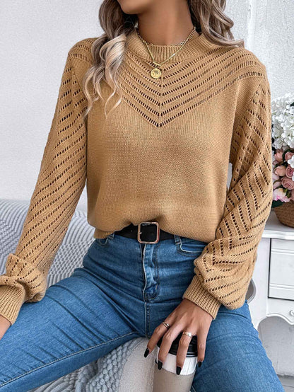 Women Casual Solid Color Crew Neck Hollow Out Lantern Sleeve Sweater