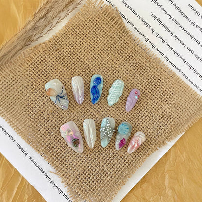 Hand-painted Happy Underwater World White Advanced Long Manicure - DropOnline.co