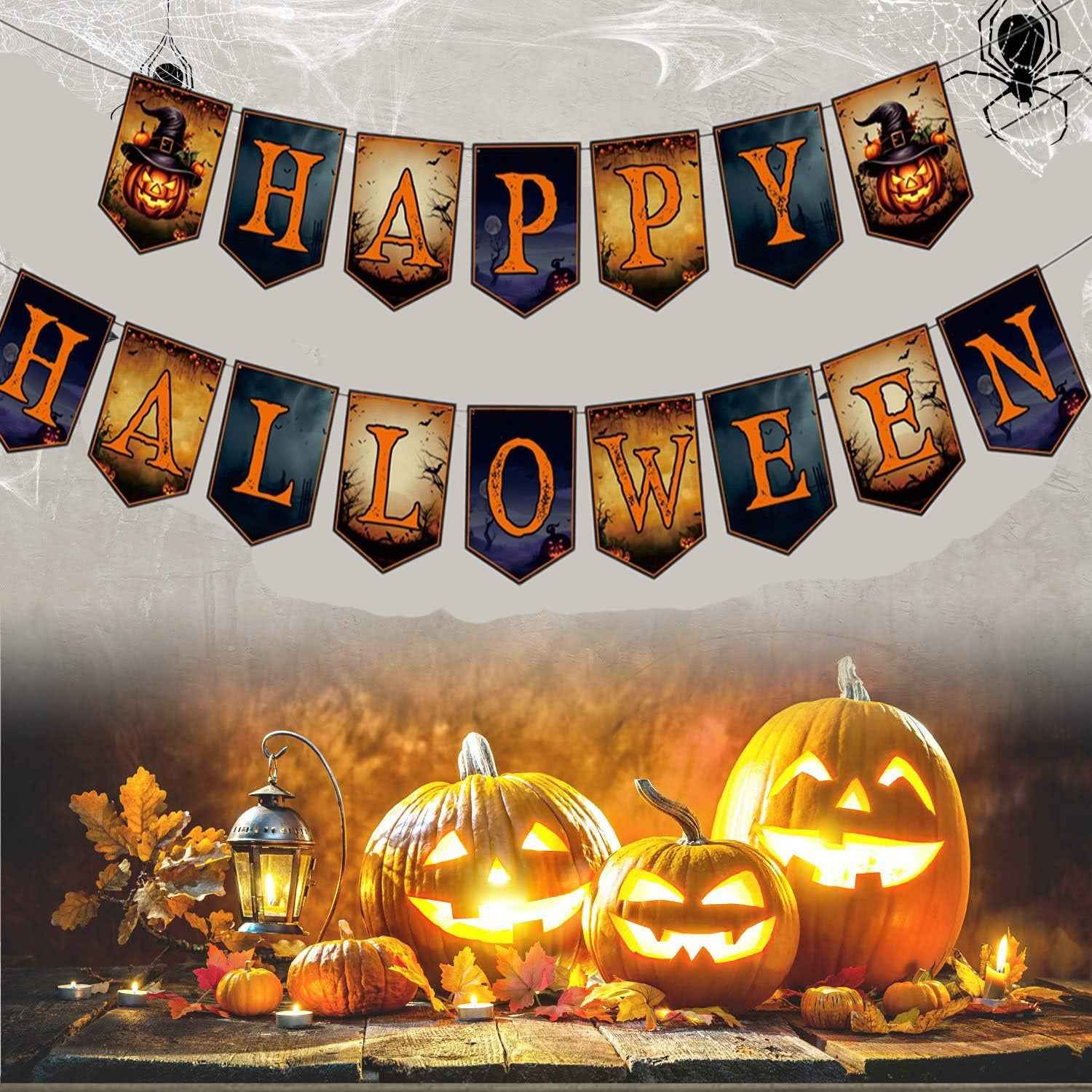 2 Packs Happy Halloween Banner Spider Ornament - Trick Or Treat Bunting Flag - DropOnline.co