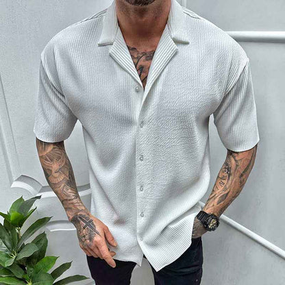 Men's Solid Color Short Sleeve Cardigan Shirt - Casual Button-Up