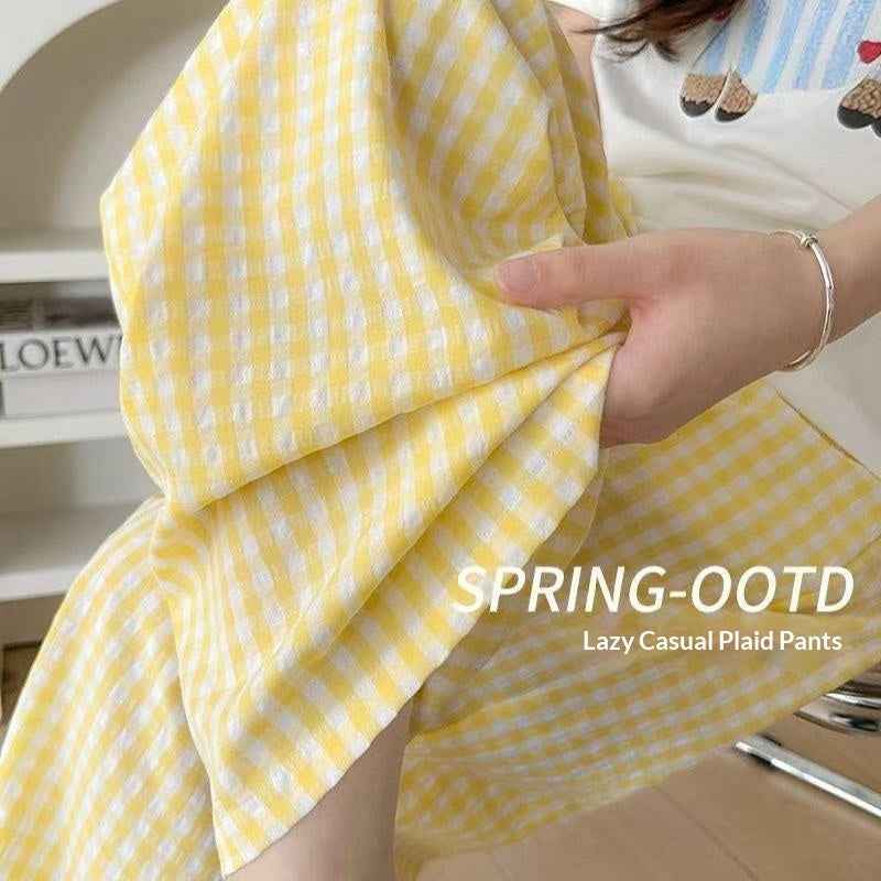 Color-block Dopamine Grid High-waisted Draped Wide-leg Pants Loose And Slimming Casual