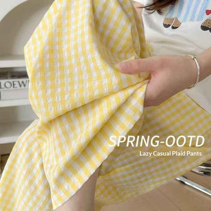 Color-block Dopamine Grid High-waisted Draped Wide-leg Pants Loose And Slimming Casual