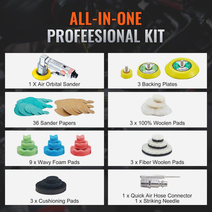 58PCS Air Powered Sander Kit With Sandpapers, Wool Pad, Wavy Sponges - DropOnline.co