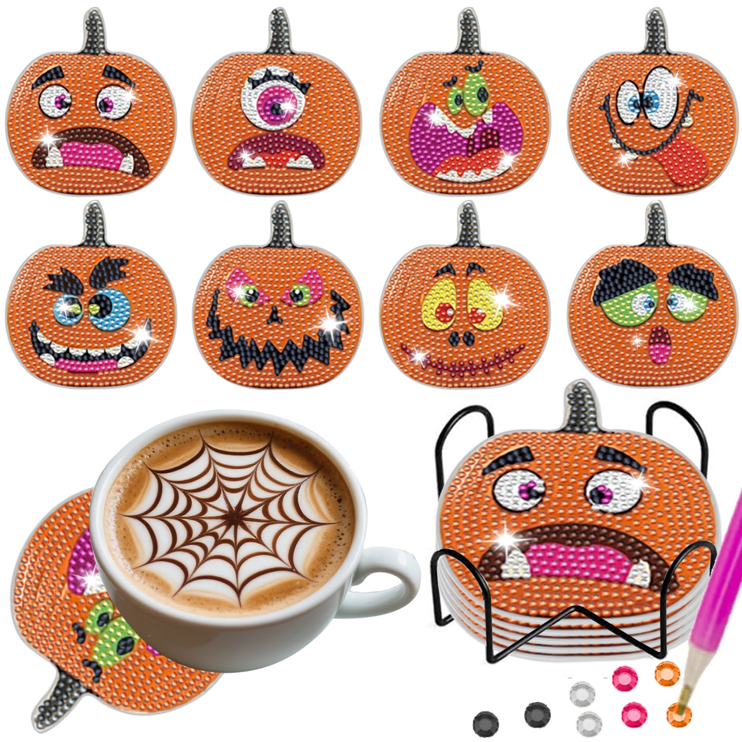 Halloween Rhinestone Art Coasters - 8 Pack Decorative Drink Coasters