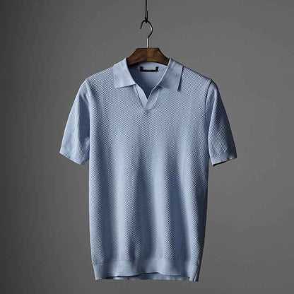 Men's V-Neck Knit Lapel Short Sleeve Top - Casual Fashion Shirt