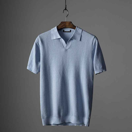 Men's V-Neck Knit Lapel Short Sleeve Top - Casual Fashion Shirt