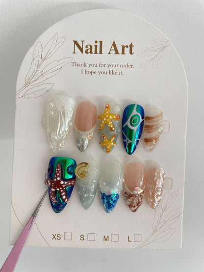 Hand-painted Happy Underwater World White Advanced Long Manicure - DropOnline.co