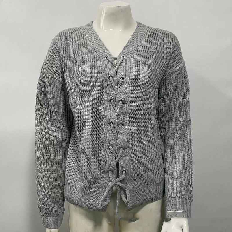 Solid Color And V-neck Hollow Out Tied Knitted Sweater