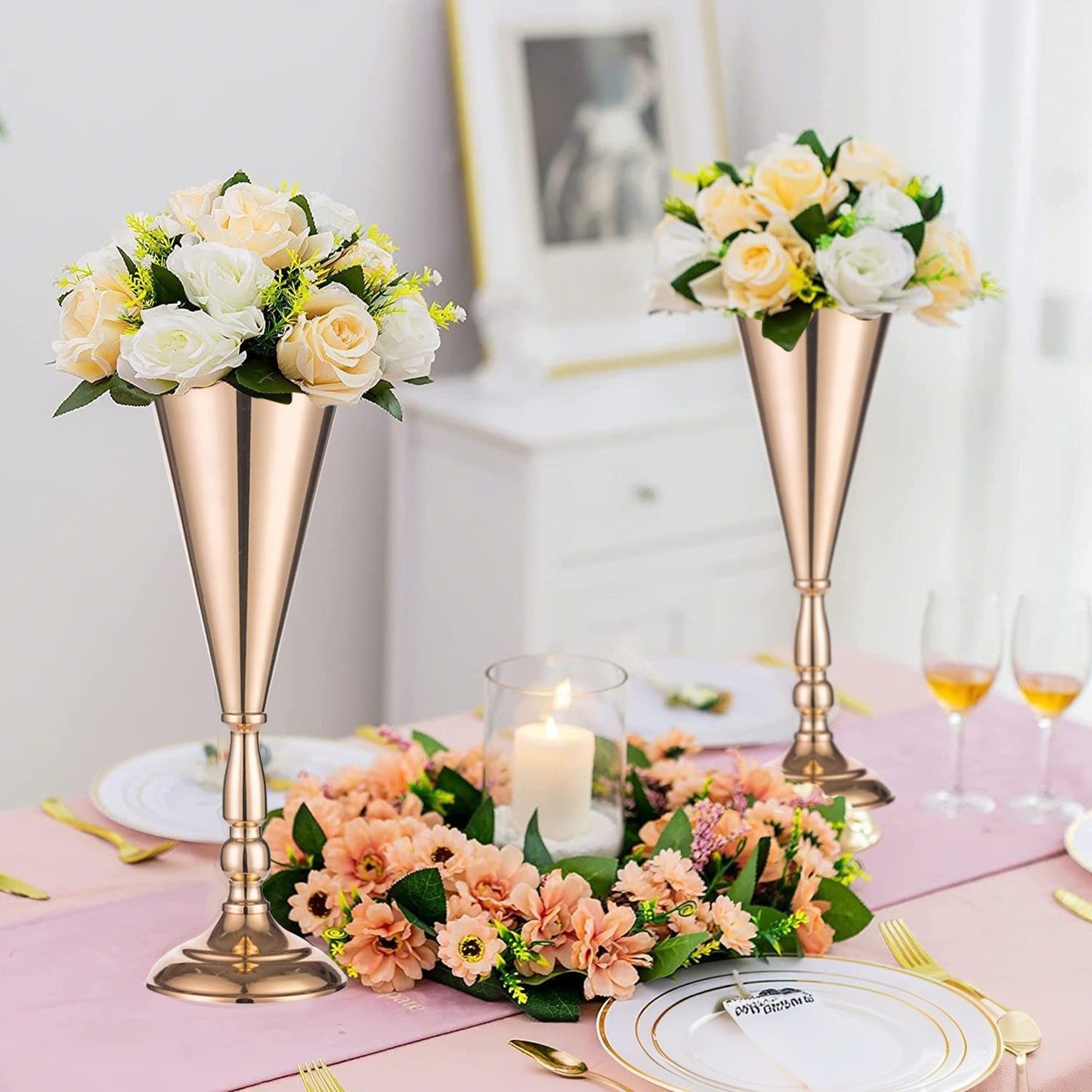Golden Vase Flower Wedding Centerpieces For Tables 14 In Tall Flower Display Stand Wedding Metal Flower Arrangement Stand Trumpet Vase Tabletop Stand For Home Anniversary Ceremony Party