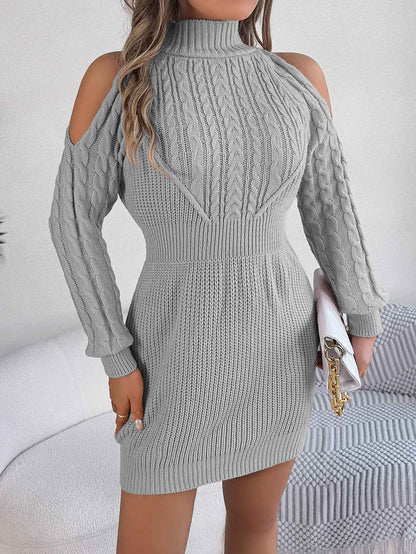 Women Casual Off-Shoulder Half Turtleneck Cable Knit Lantern Sleeve Bodycon Sweater Dress